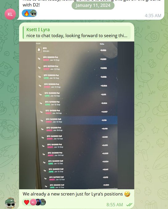 A chat screenshot dated January 11, 2024 shows a monitor displaying 16 BTC options positions on Derive (formerly Lyra), with strike prices ranging from $36,000 to $48,000 expiring January 12, and one highlighted $43,000 Call position at -0.118 delta. The image illustrates the early collaboration with Ksett during Lyra's infancy when D2's TVL was under $1M, now grown to $30M+.