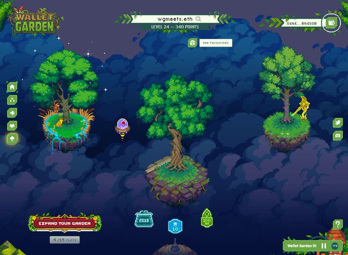 A screenshot of a 2D pixel-art game interface called 'WALLET GARDEN' showing floating islands with trees, user stats for 'wgmeets.eth' at 'LEVEL 24 - 340 POINTS', and various UI buttons including 'EXPAND YOUR GARDEN'.