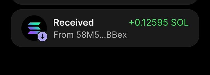 A notification showing the receipt of **+0.12595 SOL** from the address **58M5...BBex**. This payment corresponds to the poster's celebration of their 56th mini win of the month, likely from a design job.