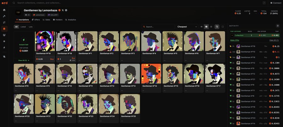 An NFT marketplace interface on 'rd' showing the 'Gentlemen by Lemonheadz' collection with various stylized character thumbnails and bidding activity.
