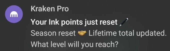 A Kraken Pro notification announces an "Ink points" season reset with a "Lifetime total updated," prompting users about the next level they will reach—tying into the post's excitement about loading up on $INK before takeoff.