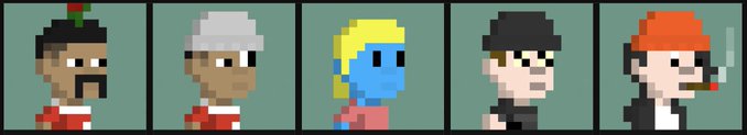 Pixel art style character sprites showing five stylized figures with different colored hair and outfits displayed in separate panels.