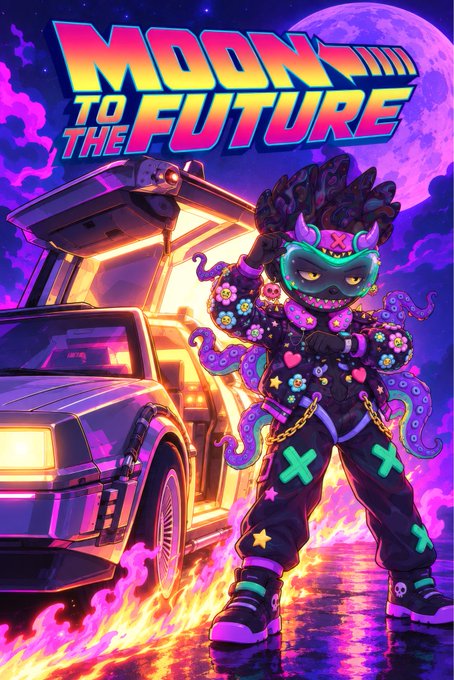 A retro synthwave-style illustration titled 'MOON TO THE FUTURE' featuring a colorful octopus-tentacled character in front of a DeLorean car with flames against a purple moonlit sky.
