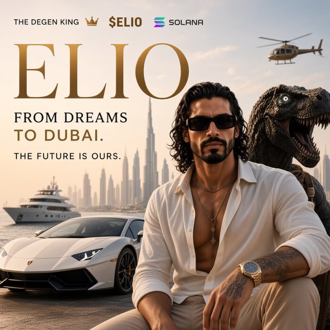 A promotional poster for 'ELIO' featuring a man in a white shirt and sunglasses with a Lamborghini, yacht, helicopter, and dinosaur in the background, with text reading 'THE DEGEN KING', '$ELIO', 'SOLANA', 'FROM DREAMS TO DUBAI. THE FUTURE IS OURS.'