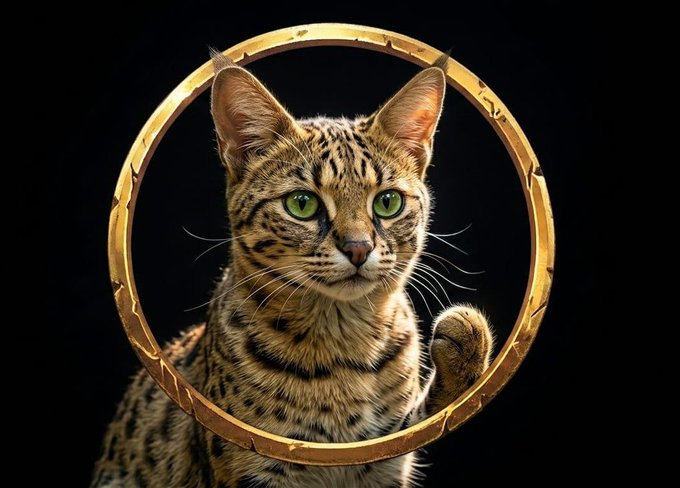 A photorealistic portrait of a Bengal cat with striking green eyes positioned behind a glowing golden ring against a black background.