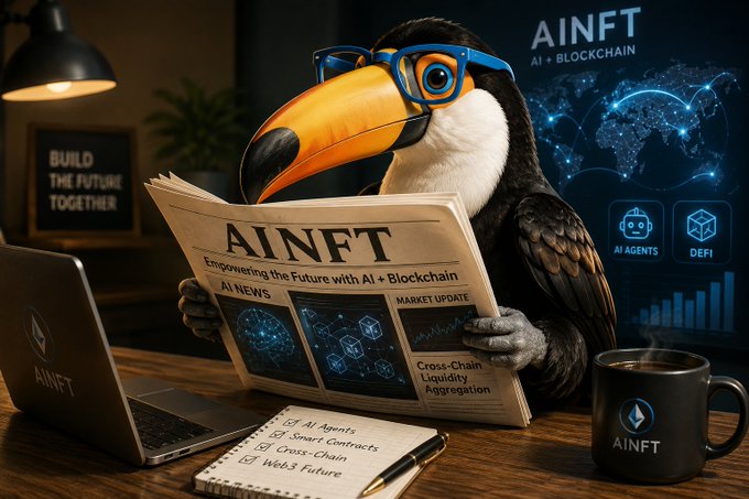 A toucan wearing glasses reads a newspaper featuring AINFT headlines on AI agents, smart contracts, and "Cross-Chain Liquidity Aggregation," surrounded by AI + Blockchain branding. The image visually reinforces the post's theme by showing the toucan literally absorbing news about AINFT's AI-driven, cross-chain liquidity solutions for a more connected Web3.