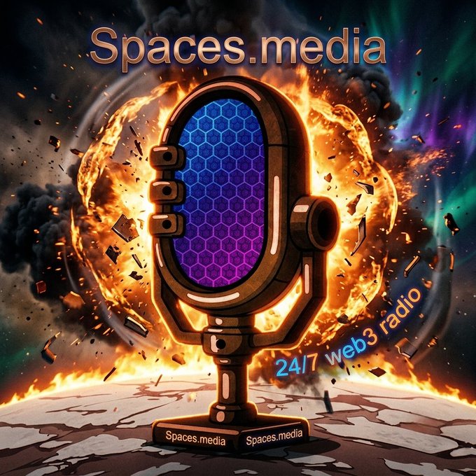 Promotional artwork for 'Spaces.media' featuring a vintage-style microphone engulfed in explosions, with text advertising '24/7 web3 radio'.