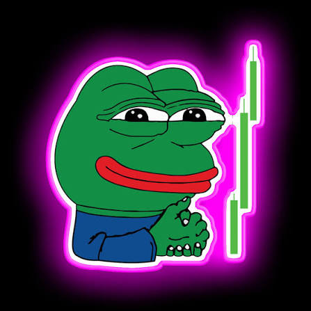 The image features a cartoon frog with green skin, wearing blue clothes, sitting next to a neon sign that says "Congrats to the $PEPE community hitting 50k holders on eth chain." The frog appears to be pondering something or simply enjoying its surroundings. The neon sign is located in the top right corner of the image and has a pink background with white text.