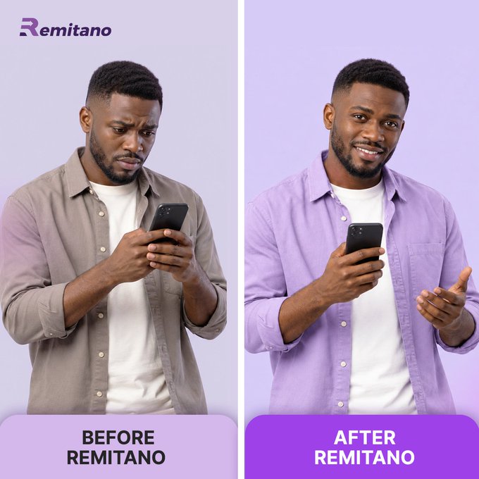 An advertisement for 'Remitano' showing a 'BEFORE REMITANO' panel with a man looking confused at his phone in a gray shirt, and an 'AFTER REMITANO' panel showing the same man smiling and gesturing happily in a purple shirt.