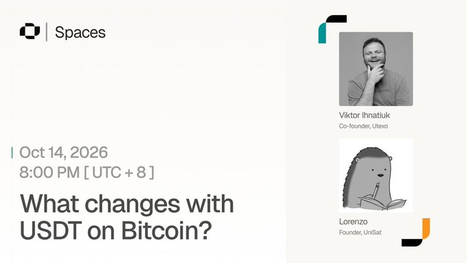 A Spaces event announcement for October 14, 2026 at 8:00 PM (UTC +8) titled 'What changes with USDT on Bitcoin?', featuring speakers Viktor Ihnatiuk (Co-founder, Utexo) and Lorenzo (Founder, UniSat).