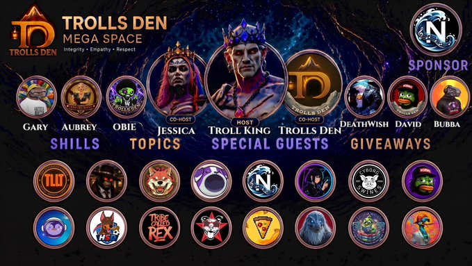 Promotional banner for 'TROLLS DEN MEGA SPACE' podcast featuring co-hosts Aubrey and Jessica, host Troll King, and numerous sponsor logos.