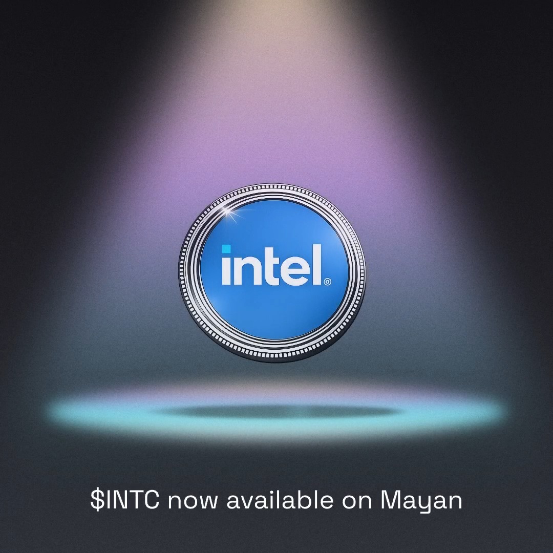 Promotional image showing a stylized Intel logo coin with a spotlight effect, with text reading '$INTC now available on Mayan'.
