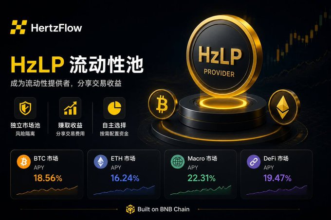 HertzFlow advertisement for the HzLP liquidity pool on BNB Chain, displaying APY rates for BTC (18.56%), ETH (16.24%), Macro (22.31%), and DeFi (19.47%) markets.