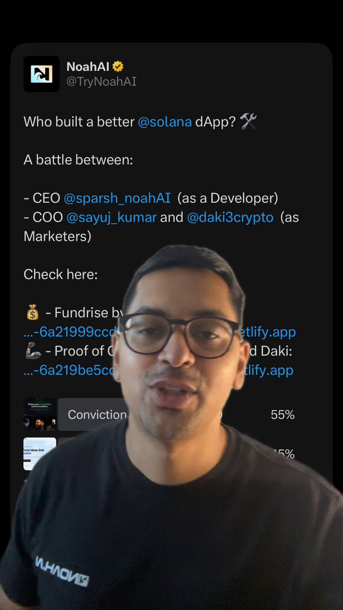 The image shows a man wearing glasses standing against a black background with his face displayed prominently. The caption of the image reads "Hot take: marketers building dApps is more bullish for solana than devs building dApps!". This statement suggests that the man's opinion on the matter is based on his analysis and understanding of the situation, possibly related to the social media post about dApp development.