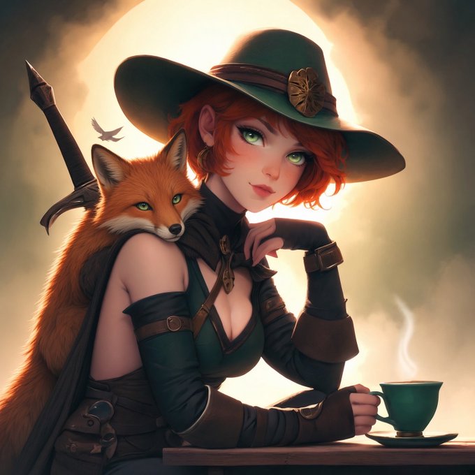 Stylized illustration of a red-haired female character in a green witch's hat and corset outfit accompanied by an orange fox, holding a teacup against a glowing full moon backdrop.