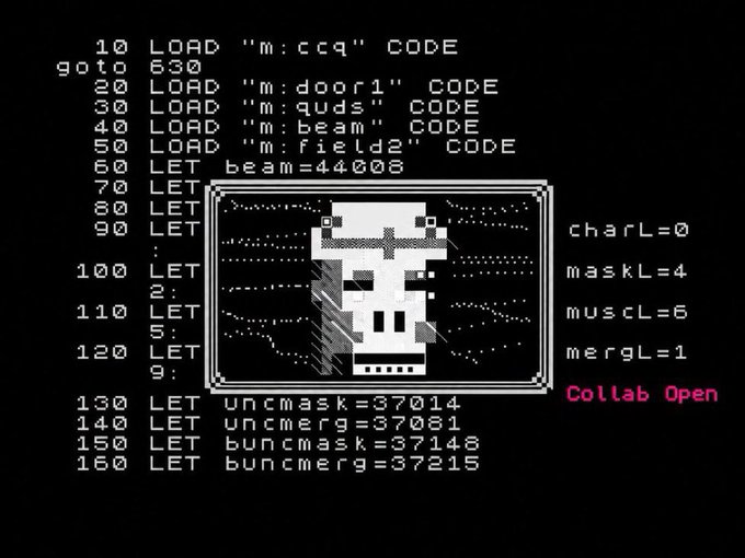 A retro computer screen displaying BASIC code loading various file routines (m:ccq, m:door1, m:quds, m:beam, m:field2), a pixelated skull image, and variables including 'Collab Open' in pink text.