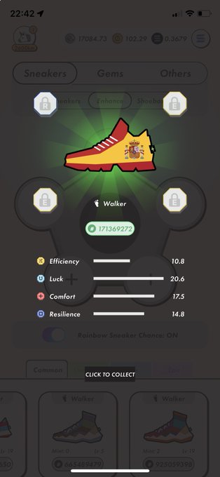 The image shows a phone screen displaying an app called "Walker" with a shoe icon, possibly for a sneaker game or challenge. The app has a rating of 4.5 stars out of 5, indicating that it is highly rated by users. The user interface features a menu bar and buttons to navigate through the different options available in the game.