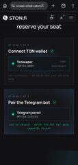 A screenshot of a 'STON.fi' cryptocurrency swap interface offering to 'reserve your seat' with options to connect a TON wallet (Tonkeeper, TON Wallet in TONkeeper) or pair the Telegram bot.