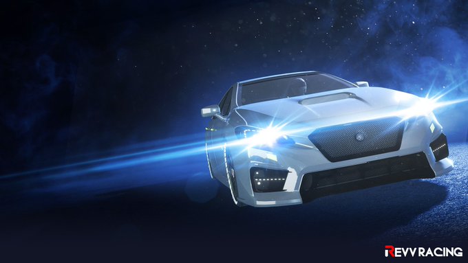 A sleek white sports car with illuminated headlights and blue light trails against a dark background, branded with the 'TEVVRACING' logo in the bottom-right corner.