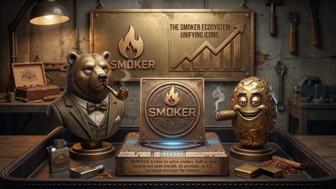 A digital artwork featuring a golden bear in a suit smoking a cigar and a golden peanut-like character with a cigarette, flanking a central plaque labeled 'SMOKER' with text 'THE SMOKER ECOSYSTEM: UNIFYING ICONS.' and a descriptive plaque at the base.