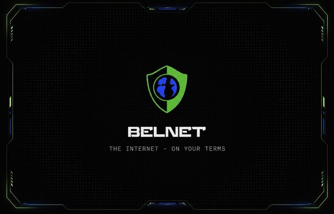 The image displays the "BELNET" logo featuring a green shield with a globe icon, accompanied by the tagline "THE INTERNET – ON YOUR TERMS" against a tech-styled dark background. The visual reinforces the post's message about reimagining digital trust through zero-knowledge proofs, aligning with Belnet's branding of user-controlled internet privacy.