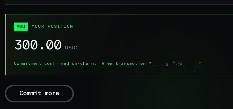 A dark interface showing 'YOUR POSITION' as 300.00 USDC with the message 'Commitment confirmed on-chain. View transaction' and a 'Commit more' button below.