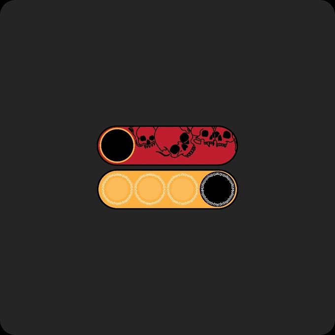 Two stylized progress bars are displayed on a dark background: a red one with skull designs and a yellow one, each containing circular slots with one filled in.