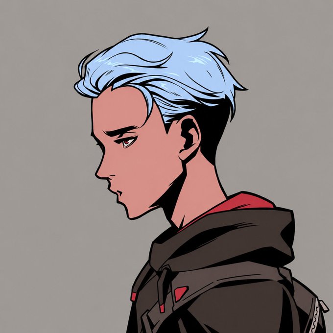 A side-profile cartoon illustration of a young man with light blue hair wearing a black hoodie with red interior accents against a plain gray background.