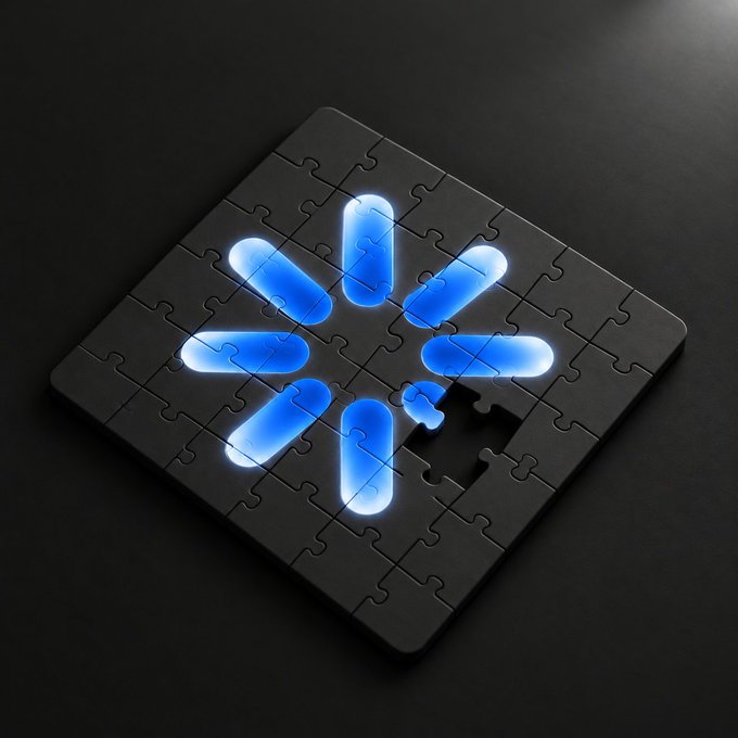 A black jigsaw puzzle illuminated with a glowing blue snowflake/star design against a dark background, with one puzzle piece missing.