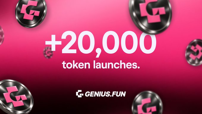 The image features a bold pink gradient background with scattered metallic coins bearing the Genius.Fun logo, centered around the text "+20,000 token launches" and the "GENIUS.FUN" branding. It visually celebrates the platform's milestone of surpassing 20,000 token launches, reinforcing the post's message about growing communities and inviting new pairs to launch at Genius.fun.