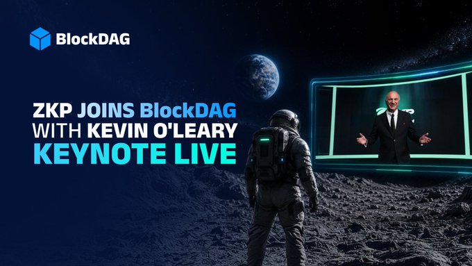 BlockDAG promotional graphic announcing 'ZKP JOINS BlockDAG WITH KEVIN O'LEARY KEYNOTE LIVE,' featuring an astronaut on a lunar surface watching Kevin O'Leary on a holographic screen.