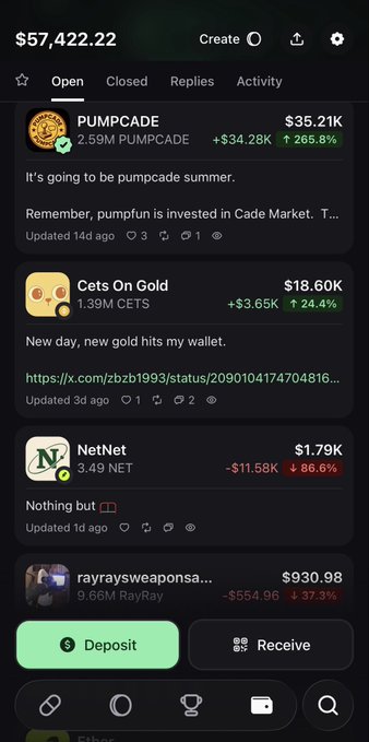 A mobile cryptocurrency wallet interface showing a balance of $57,422.22 with an 'Open' post feed displaying PUMPCADE ($35.21K), Cets On Gold ($18.60K), NetNet ($1.79K), and other tokens.