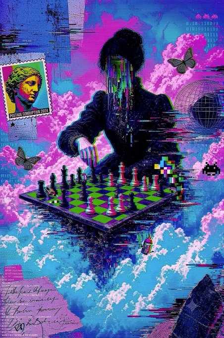 A vibrant cyberpunk-style digital artwork depicts a dark figure playing chess, featuring 'PSYCHEDELIC CORRUPTION 2024' text on a stamp, butterflies, and glitch effects.