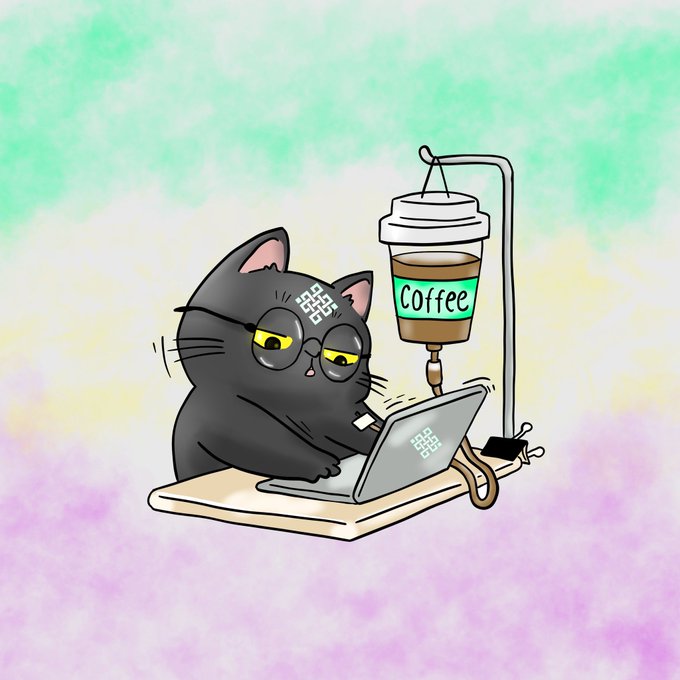 A cartoon illustration of a black cat with a maze-like symbol on its forehead, wearing glasses and working on a laptop while receiving an IV drip of coffee against a pastel background.