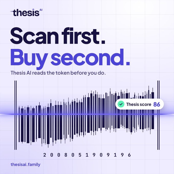 A promotional graphic for Thesis AI featuring the tagline "Scan first. Buy second." alongside an audio waveform-style visualization of trading data, with a "Thesis score: 86" badge and the URL "thesisai.family." The image reinforces the message by visually suggesting that AI-driven analysis (the waveform scan) provides traders with a data-backed "score" to evaluate tokens before purchasing, embodying the post's emphasis on reducing uncertainty through information rather than speculation.