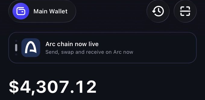 The image shows a crypto wallet interface labeled "Main Wallet" displaying a balance of **$4,307.12**, along with a notification that "Arc chain now live — Send, swap and receive on Arc now."

This relates to the post about earning on-chain money because the wallet balance visually represents the kind of crypto earnings or holdings one could accumulate through on-chain activities like swapping and sending on the newly launched Arc chain.