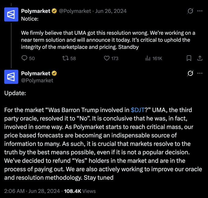 The image is a screenshot from a social media account with Polymarket and a Twitter post. The Twitter post contains information about the market, specifically regarding the resolution of a UMA issue involving Barron Trump. It shows that the market has already overturned an UMA resolution before the resolution was resolved by Barron Trump. The main focus on the image is related to the discussion surrounding this resolution as it appears to be relevant to the conversation around markets and regulations in 2014.