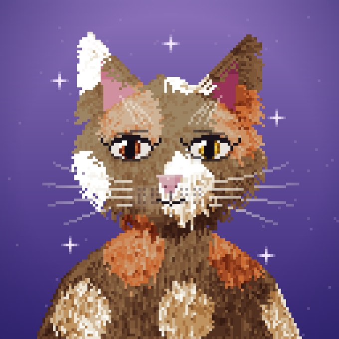 A pixel art portrait of a calico cat with green and amber eyes, wearing an orange scarf, set against a purple starry background.