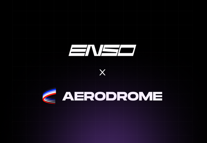 A promotional graphic featuring the "ENSO" logo above a multiplication symbol and the "AERODROME" logo, displayed against a black grid background with a purple glow. The image announces a partnership between Enso and Aerodrome, supporting the post's theme about real-world assets by highlighting the "AERO" ticker prominently in the branding.