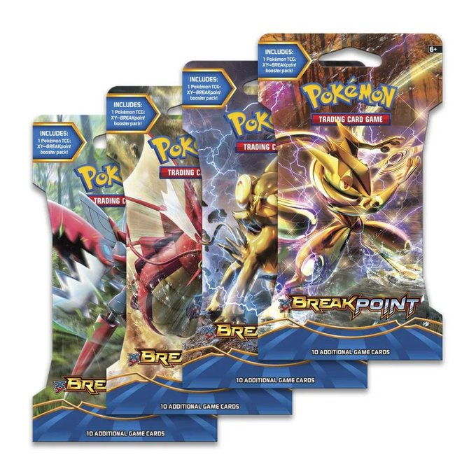 Four Pokémon Trading Card Game 'BREAKPOINT' XY-BREAKpoint booster packs displayed in a row, each containing 10 additional game cards.