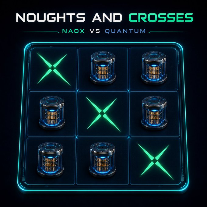 The image displays a futuristic tic-tac-toe board titled "NOUGHTS AND CROSSES: NAOX VS QUANTUM," featuring glowing green X's and quantum computing-themed circular devices as O's on a neon-lit grid. It visually supports the post's message about NaoX being prepared for "Q-Day"—the anticipated moment when quantum computers can break traditional cryptography—positioning the brand as a proactive defender in the quantum era.
