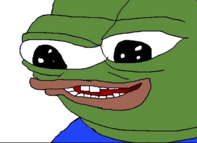 A cartoon image of Pepe the Frog with large, glossy eyes and a wide smile showing his teeth, set against a plain white background.