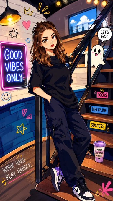 An illustration of a young woman with brown hair standing on stairs, wearing a black outfit and purple sneakers, surrounded by motivational text like 'GOOD VIBES ONLY', 'WORK HARD PLAY HARDER', 'FOCUS', 'DISCIPLINE', 'SUCCESS', and a 'LET'S GO!' speech bubble from a ghost character.