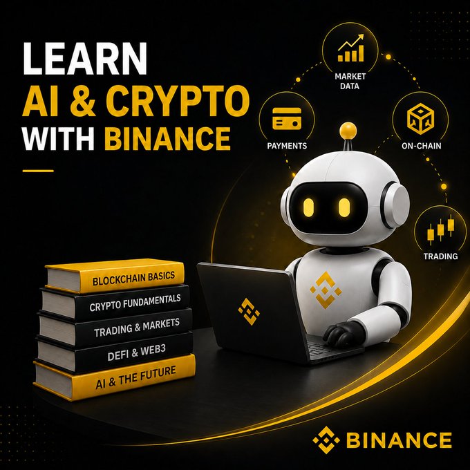A promotional graphic titled 'LEARN AI & CRYPTO WITH BINANCE' featuring a robot character with a laptop, surrounded by icons for Market Data, Payments, On-chain, and Trading, alongside a stack of educational books.