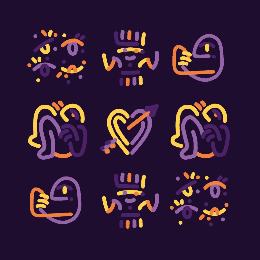 The image features nine different illustrations of people with various facial expressions and body poses, all set against a purple background. The illustrations are arranged in a grid format, showcasing a diverse range of emotions and actions depicted by the characters. The colors used for these illustrations include shades of orange, yellow, and purple, which contribute to the overall visual appeal and artistic style of the collection.