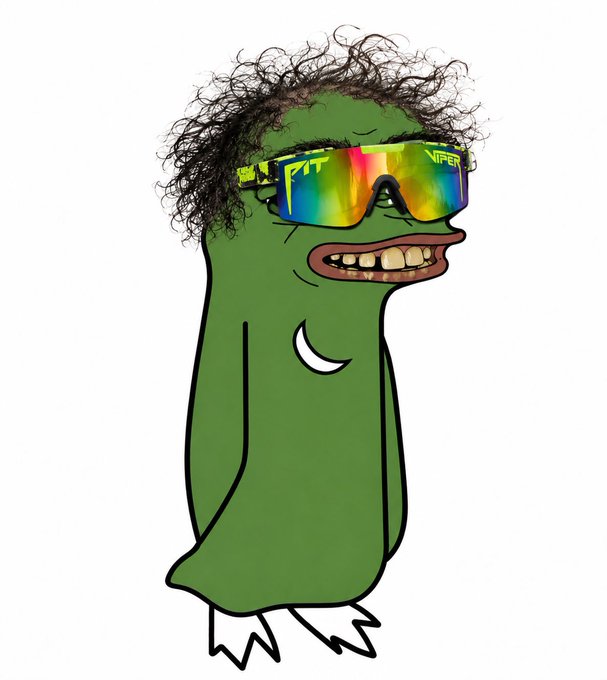 An illustration of a green, frog-like creature with a human mouth, wearing large, colorful rainbow-lensed sunglasses.