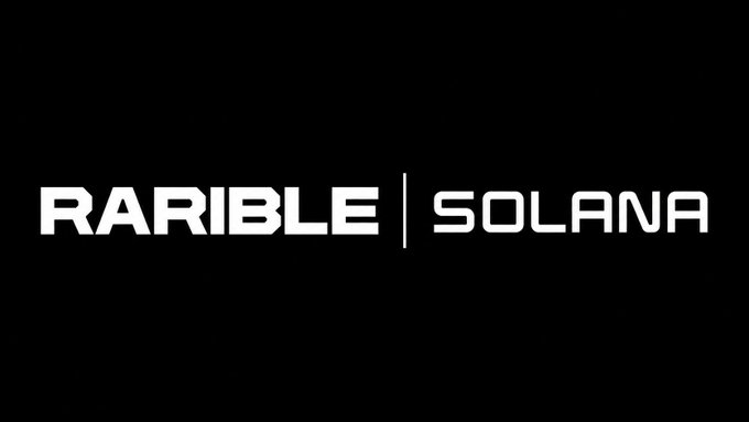 The image displays the text "RARIBLE | SOLANA" in bold white lettering against a black background, visually announcing the collaboration mentioned in the post where the Rarible NFT marketplace expands to the Solana blockchain.