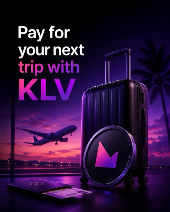 A dark, purple-toned travel scene features a sleek suitcase beside a glowing KLV logo disc, with a departing airplane and palm tree silhouetted against a sunset sky. Bold text reads "Pay for your next trip with KLV," directly tying the visual to Travala's promotion of using the Kala cryptocurrency for travel bookings.