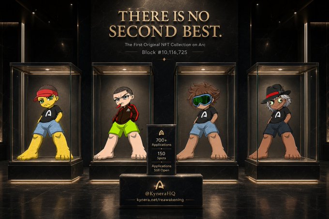 Four stylized NFT characters are displayed in illuminated glass cases beneath the text "THERE IS NO SECOND BEST," promoting KYNARI as the first original NFT collection deployed on Arc at Block #10,116,725, with 700+ applications and 150 spots still open.