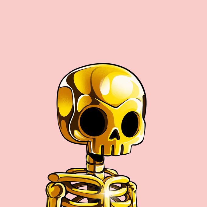A cartoon golden skeleton with large black eye sockets shown from the chest up against a pink background.